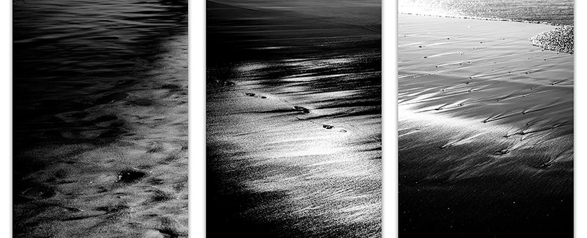 Black Océan — triptyque photographique en noir et blanc, plages et surfaces marines fortement contrastées, aux noirs profonds